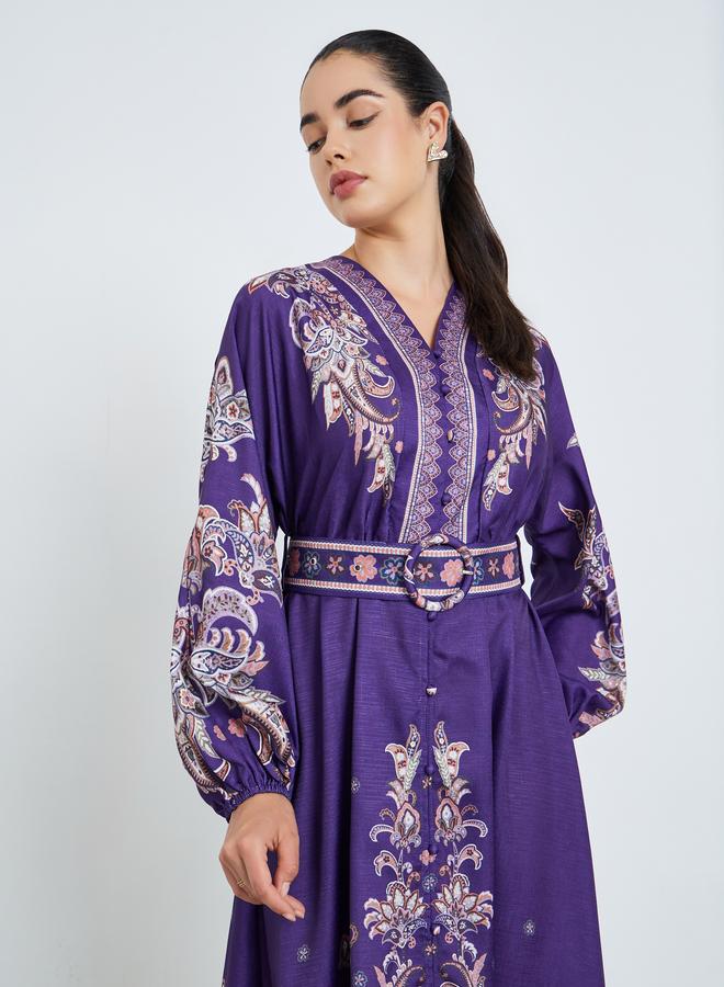 ستايلي فستان ميدي بنمط قميص وحزام وطبعة للنساء - Image 1